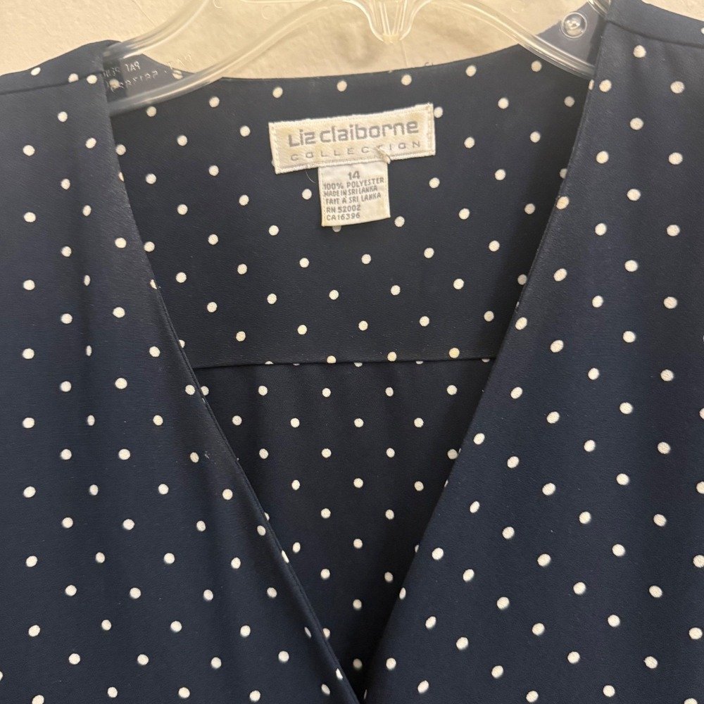 Liz Claiborne Collection Navy Polka Dot Button Front Midi Dress Vintage Style 14